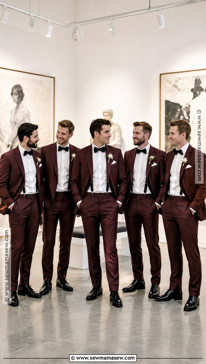 Burgundy Suit With Black Suspenders - 15 fall groomsmen attire suspenders ideas