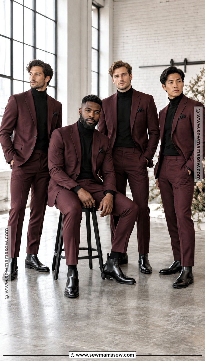 Burgundy Suit With Black Turtleneck And Chelsea Boots - 15 burgundy groomsmen attire fall wedding ideas