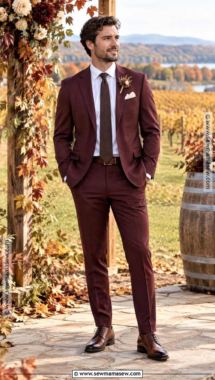 Burgundy Suit With Brown Leather Shoes - 15 fall outdoor wedding groom attire ideas