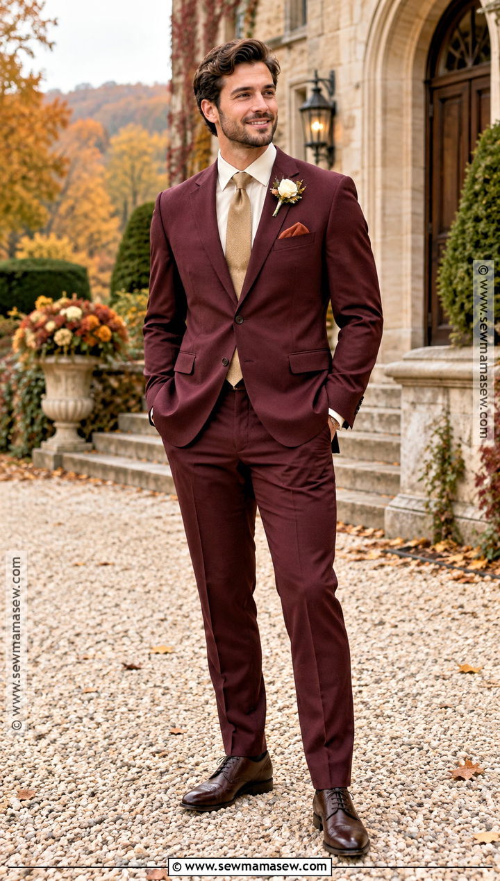 Burgundy Suit With Burnt Orange Pocket Square - 15 fall groom attire burnt orange ideas