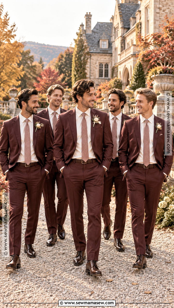 Burgundy Suit With Dusty Rose Tie And Brown Shoes - 15 fall boho groomsmen attire ideas