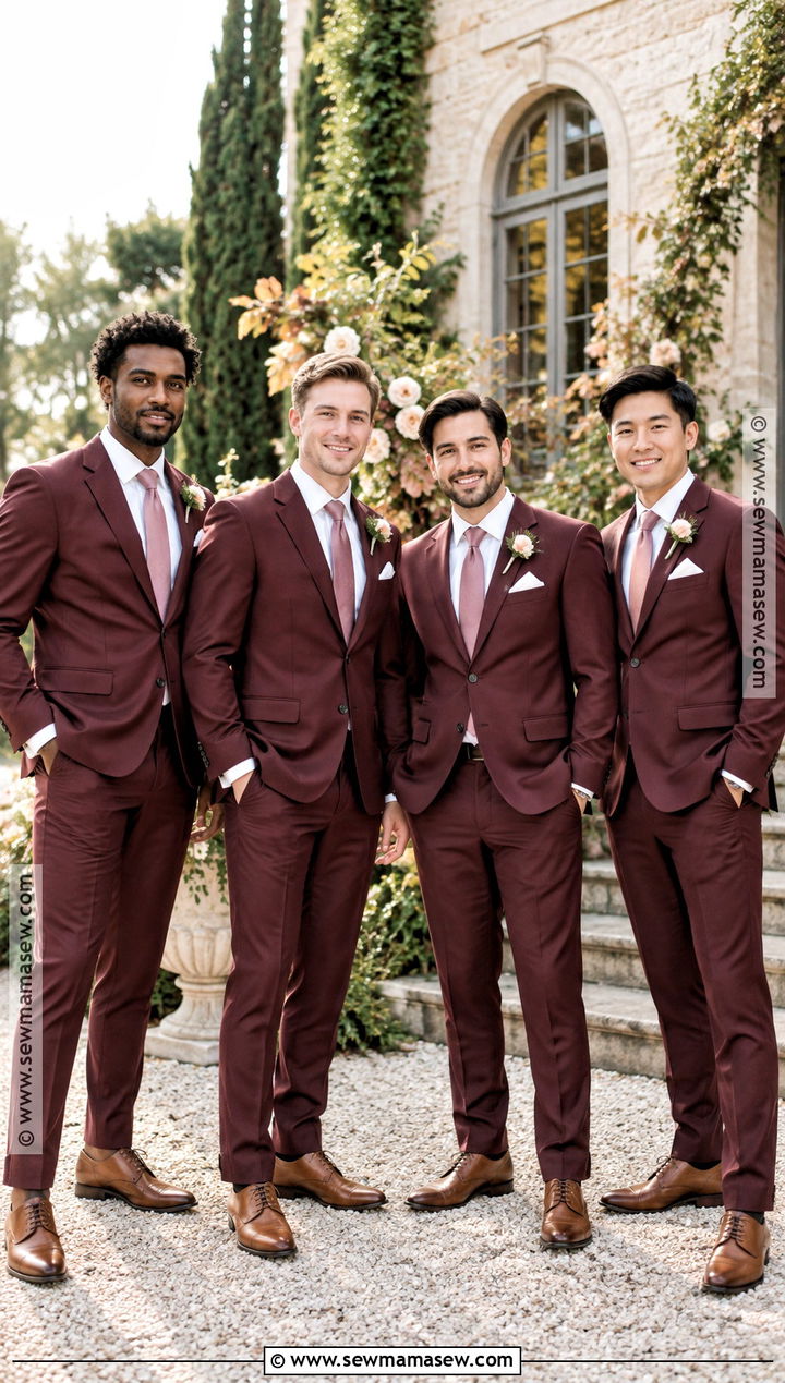Burgundy Suit With Dusty Rose Tie And Tan Shoes - 15 burgundy groomsmen attire fall wedding ideas