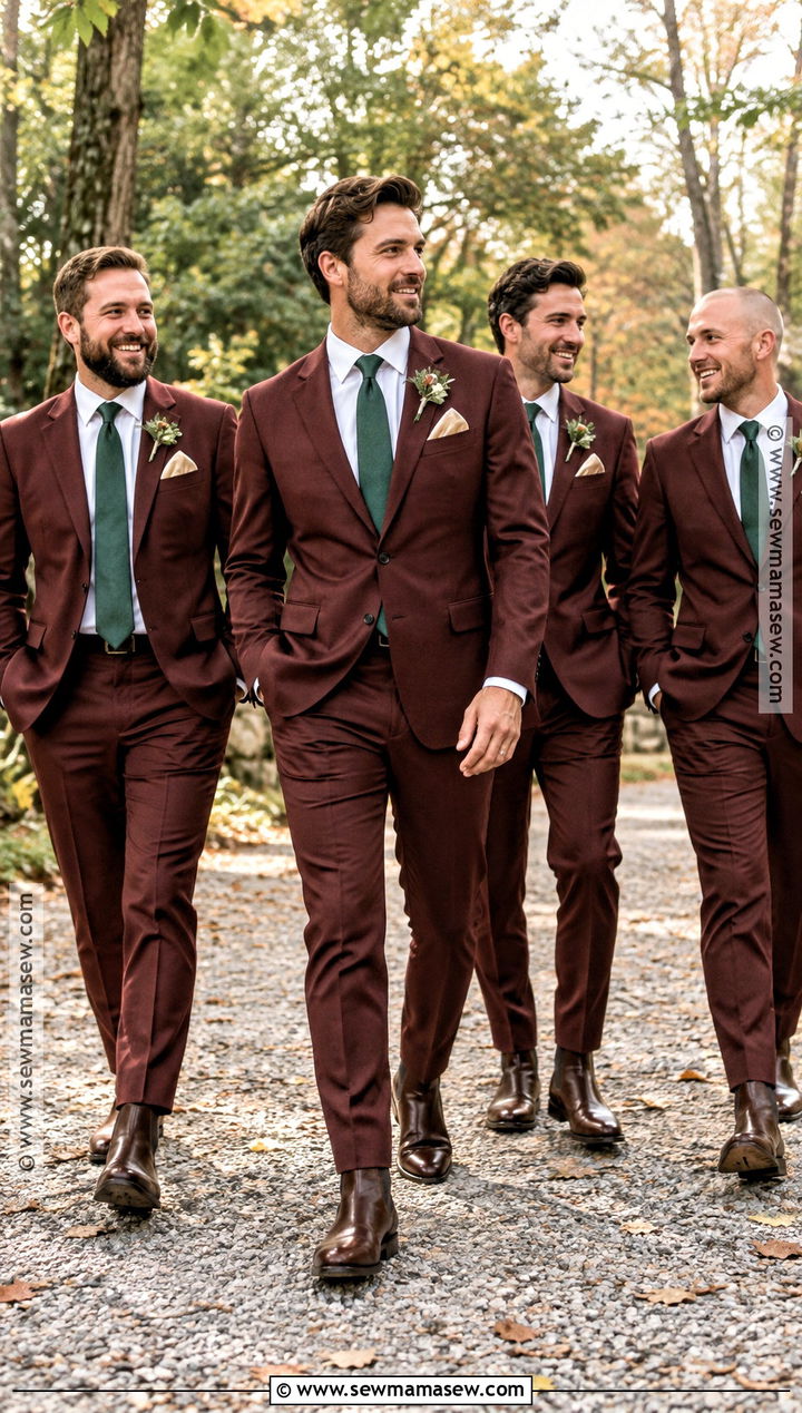 Burgundy Suit With Forest Green Tie And Brown Boots - 15 burgundy groomsmen attire fall wedding ideas