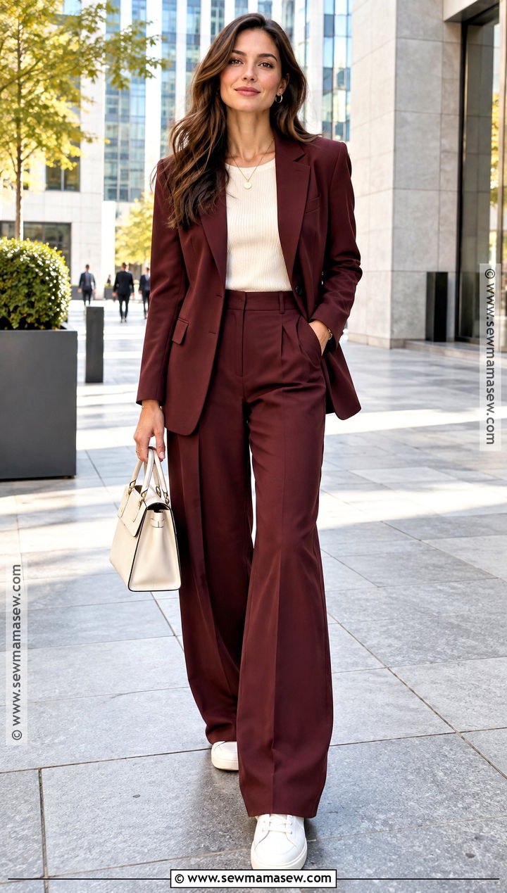 Burgundy Suit With Knit Top And Sneakers - 15 burgundy fall outfits 2026