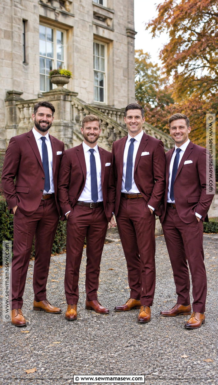 Burgundy Suit With Navy Tie And Cognac Shoes - 15 burgundy groomsmen attire fall wedding ideas