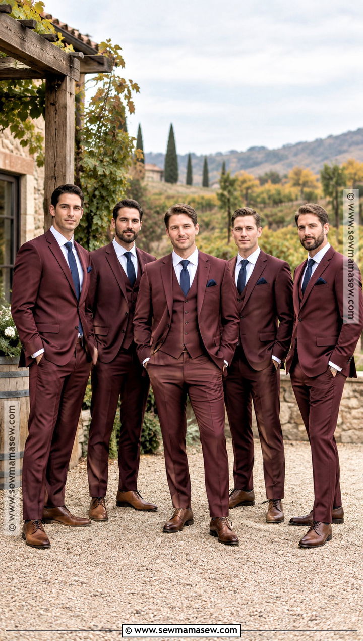 Burgundy Suit With Navy Tie Groomsmen Attire - 15 country fall wedding groomsmen attire ideas