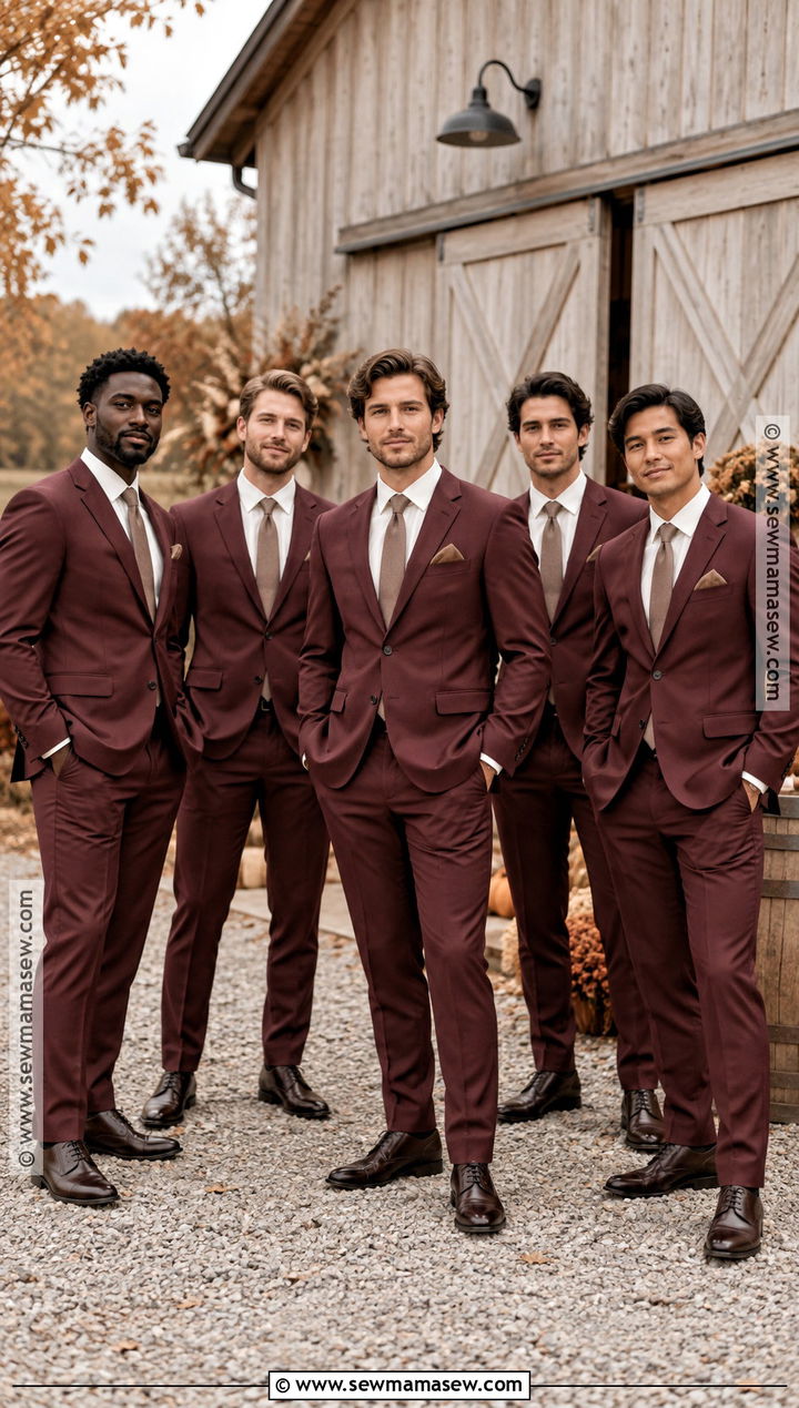 Burgundy Suit With Neutral Accessories - 20 fall groomsmen attire rustic ideas