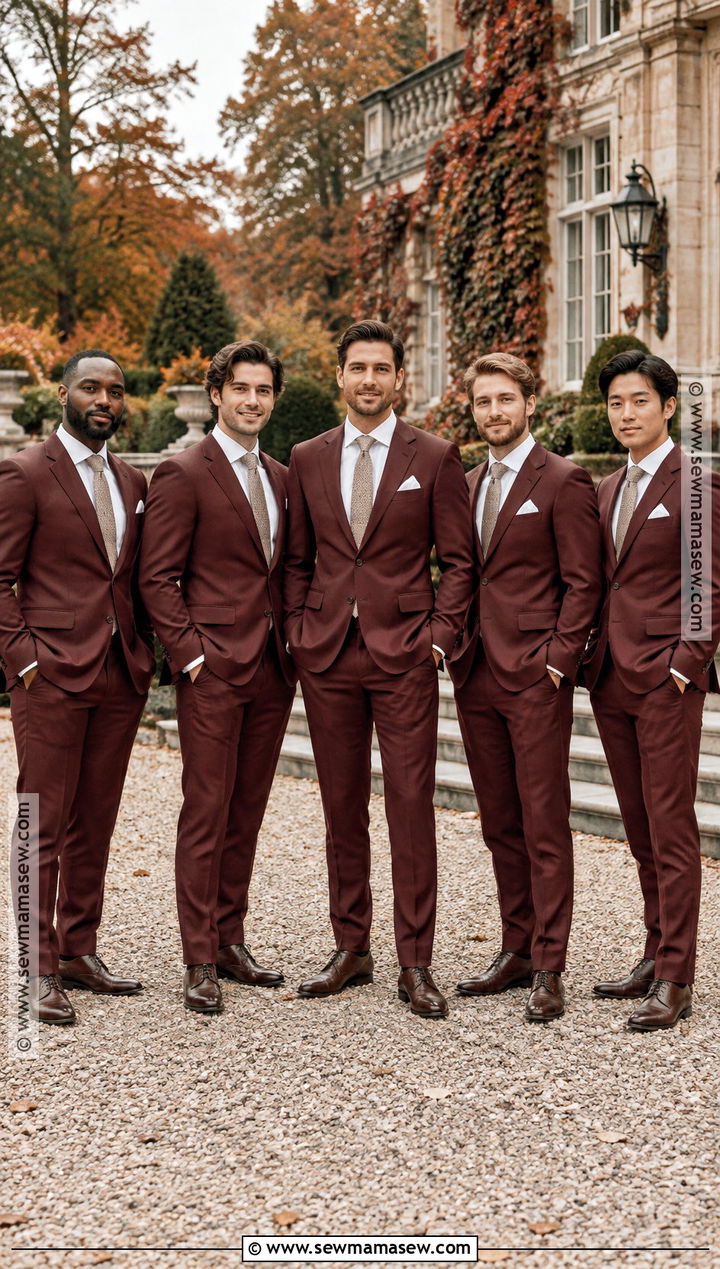 Burgundy Suit With White Shirt And Brown Shoes - 15 burgundy groomsmen attire fall wedding ideas