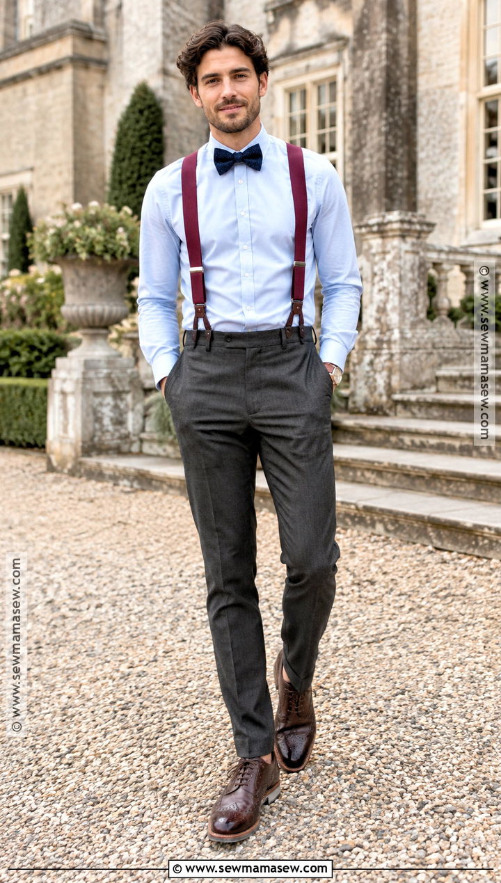 Burgundy Suspenders And Navy Bow Tie Outfit - 15 Fall Wedding Suspenders Bow Ties Ideas