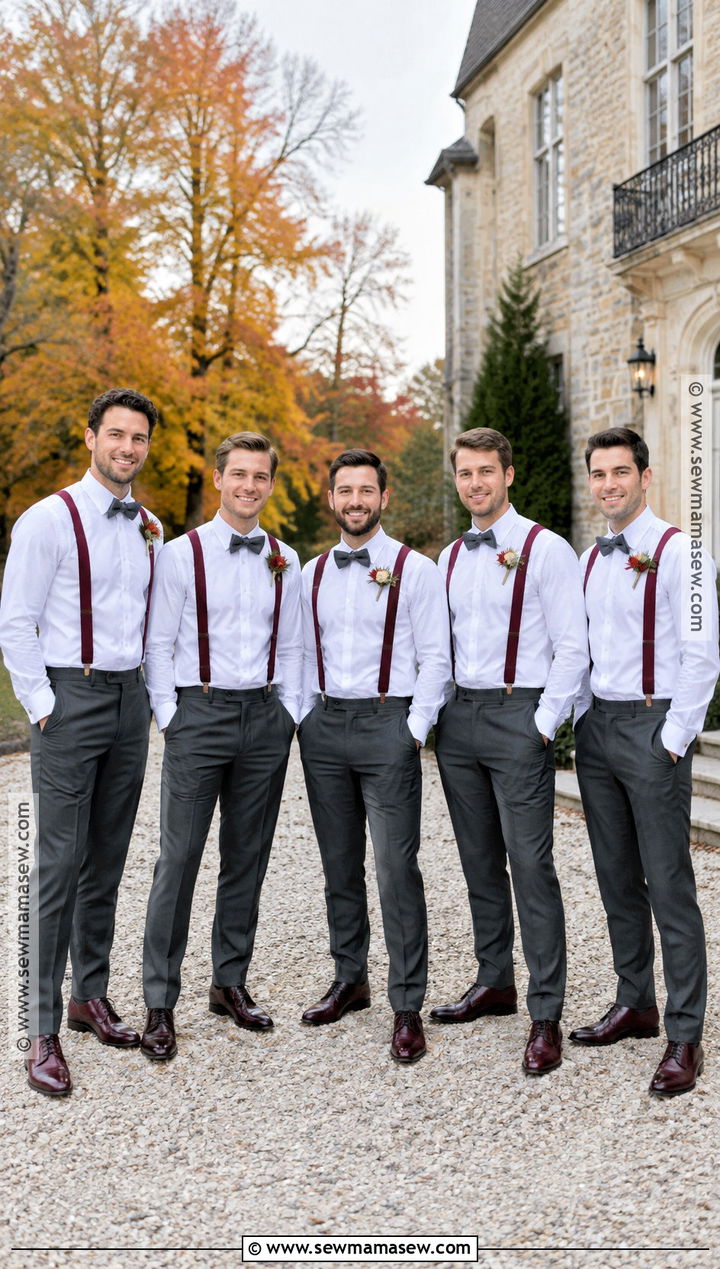 Burgundy Suspenders With Charcoal Trousers - 15 fall wedding groomsmen attire suspenders ideas