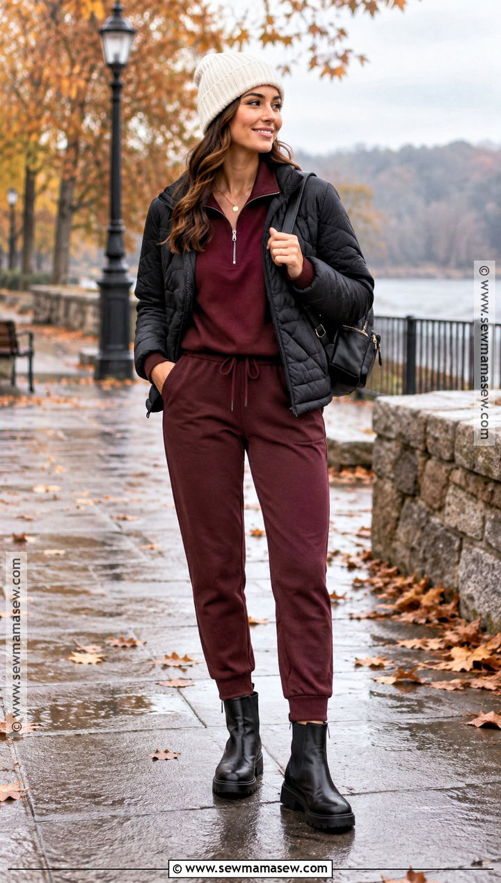 Burgundy Sweat Suit With Quilted Jacket - 15 fall sweat suit outfits