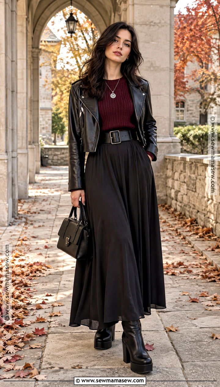 Burgundy Sweater And Black Maxi Skirt Fall Outfit - 25 alternative fall outfits