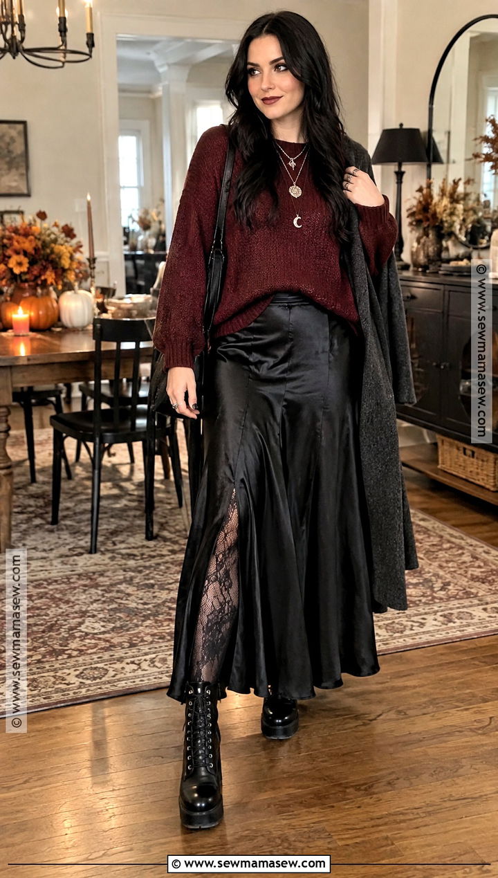 Burgundy Sweater And Black Maxi Skirt Goth Outfit - 15 thanksgiving outfit goth ideas