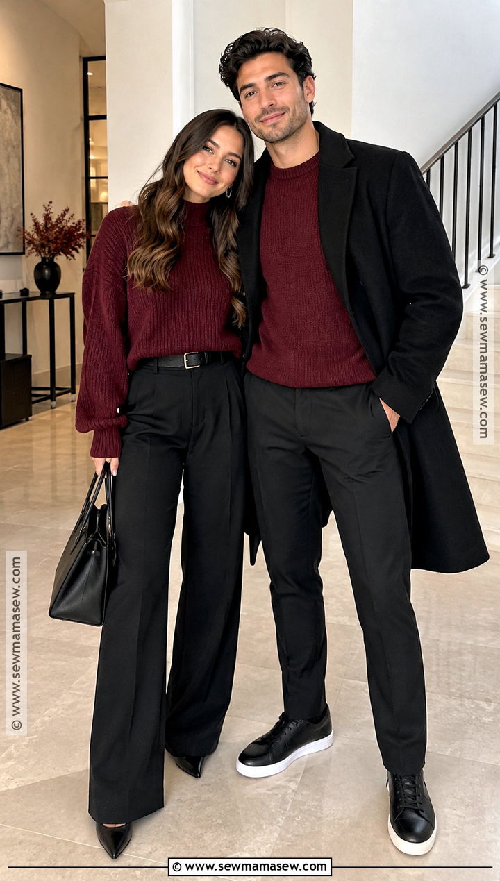 Burgundy Sweater And Black Pants Thanksgiving Outfit - 20 Thanksgiving Outfit Ideas for Couples
