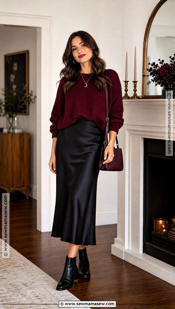 Burgundy Sweater And Black Satin Skirt Outfit - 35 casual halloween outfits