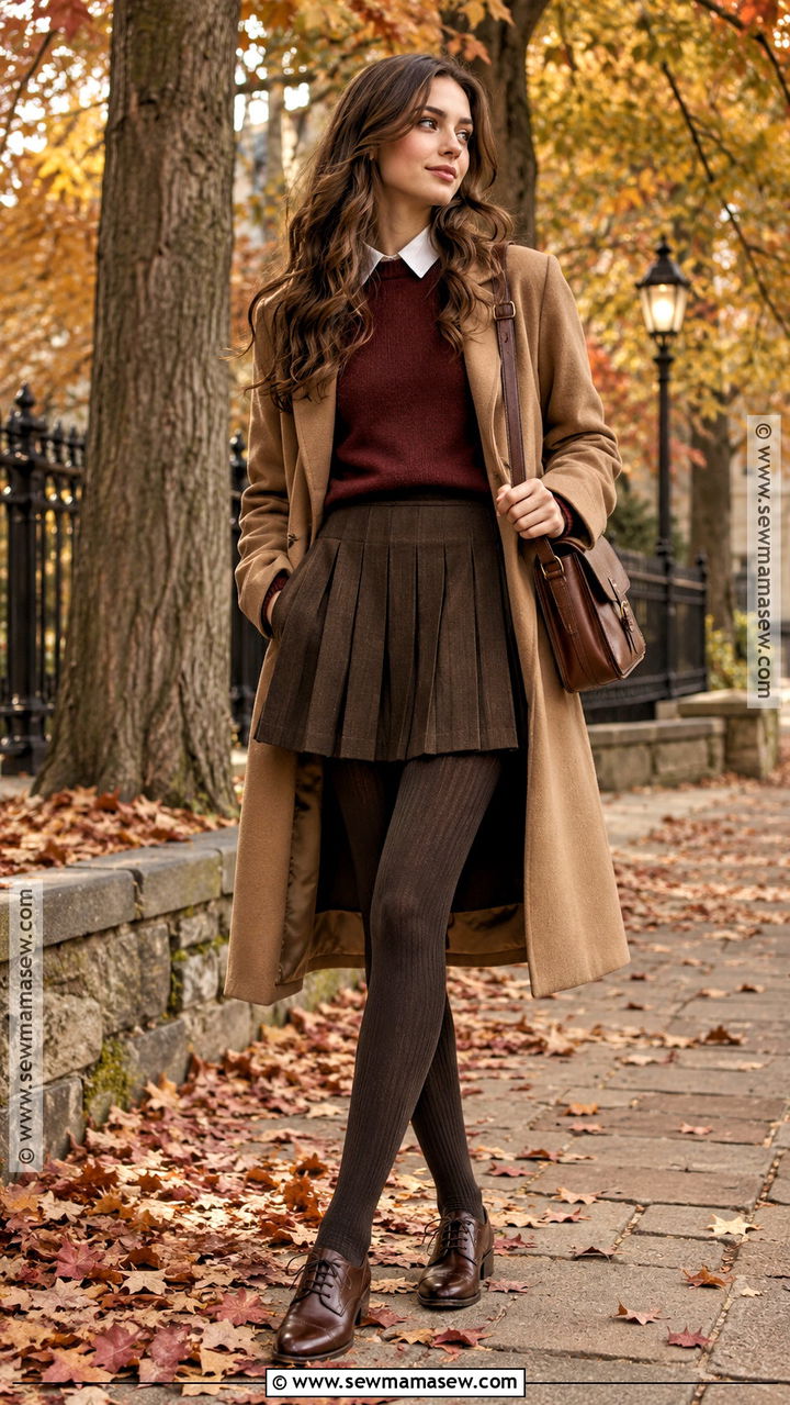 Burgundy Sweater And Brown Skirt Dark Academia Outfit - 20 Autumn Dark Academia Outfits