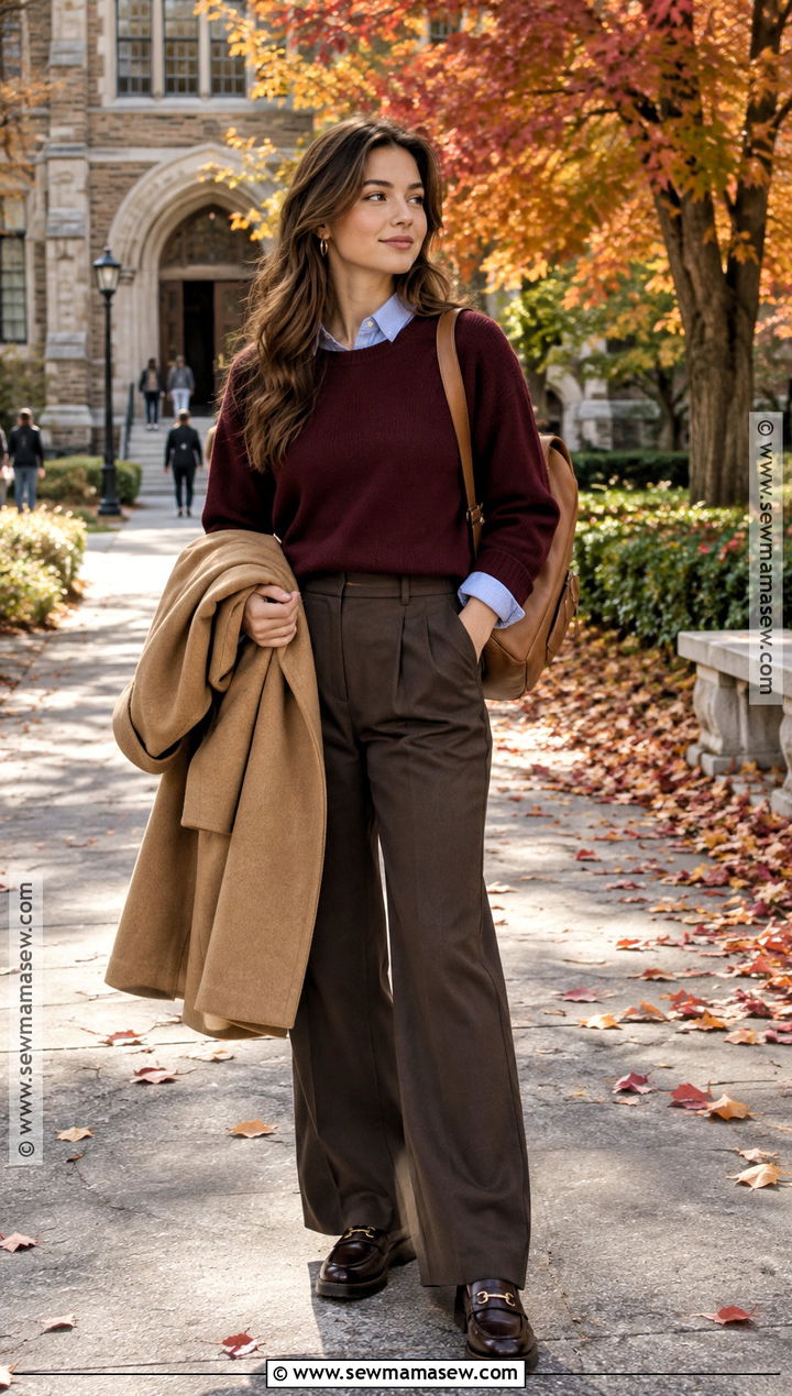 Burgundy Sweater And Brown Trousers School Outfit - 15 School Outfits Fall Aesthetic