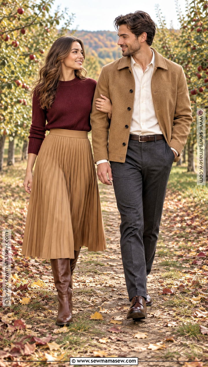 Burgundy Sweater And Camel Skirt Fall Couple Outfit - 25 fall photo shoot outfits for couples