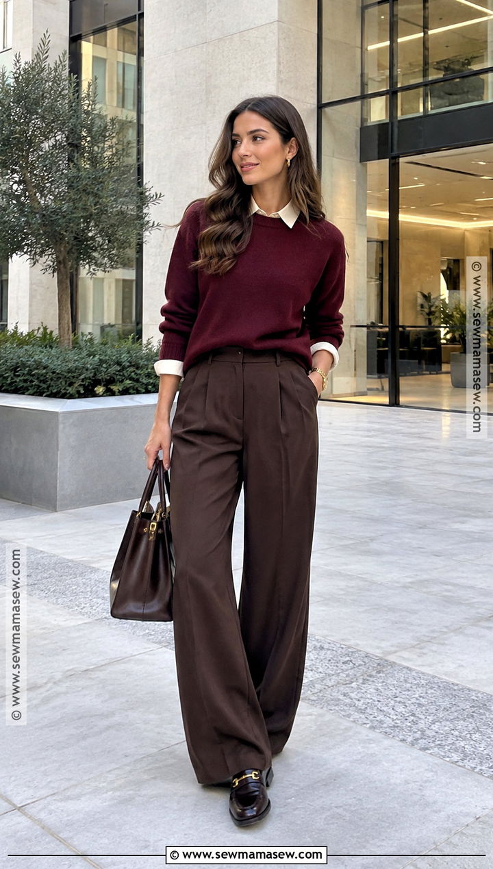 Burgundy Sweater And Chocolate Trousers Fall Outfit - 15 Fall Fits Aesthetic Trendy