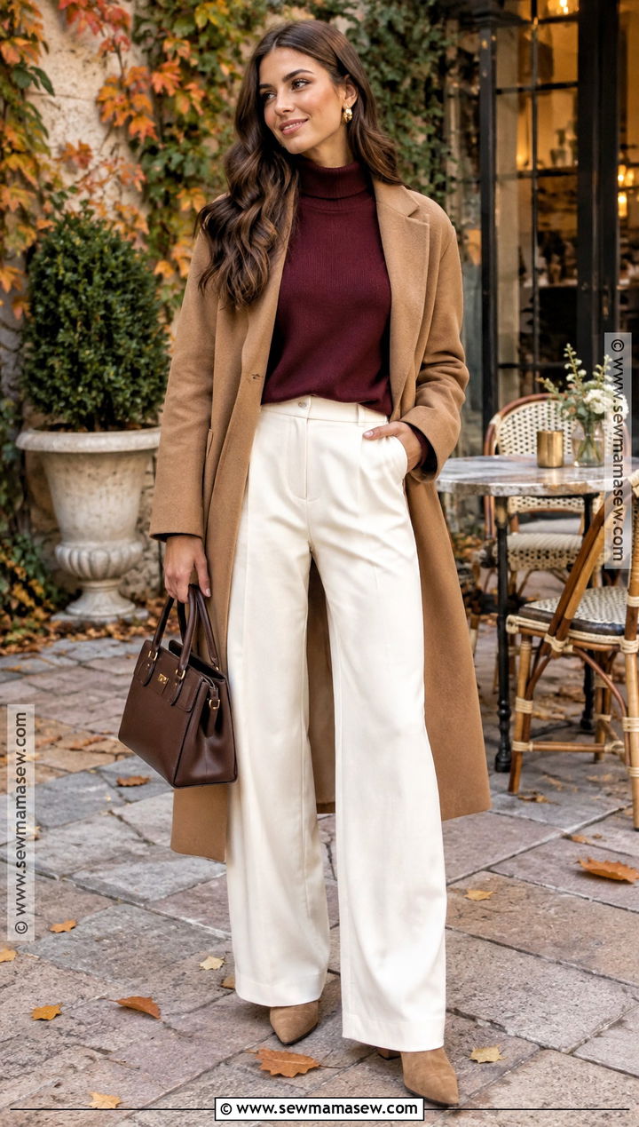 Burgundy Sweater And Cream Trousers Fall Brunch Outfit - 25 fall brunch outfit ideas