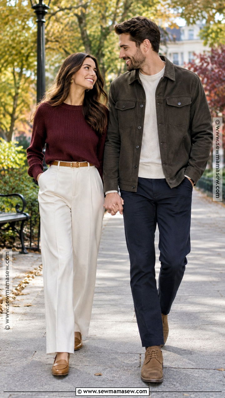 Burgundy Sweater And Cream Trousers Fall Engagement Photo Outfit - 25 engagement photos outfits fall