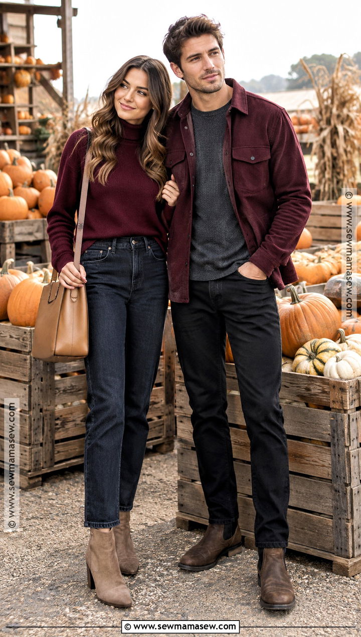 Burgundy Sweater And Dark Denim Couple Outfit - 25 pumpkin patch outfit ideas for couples