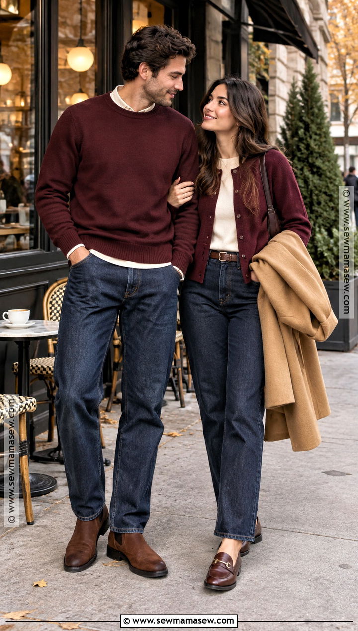 Burgundy Sweater And Dark Denim Couple Outfit - 20 fall matching outfits for couples