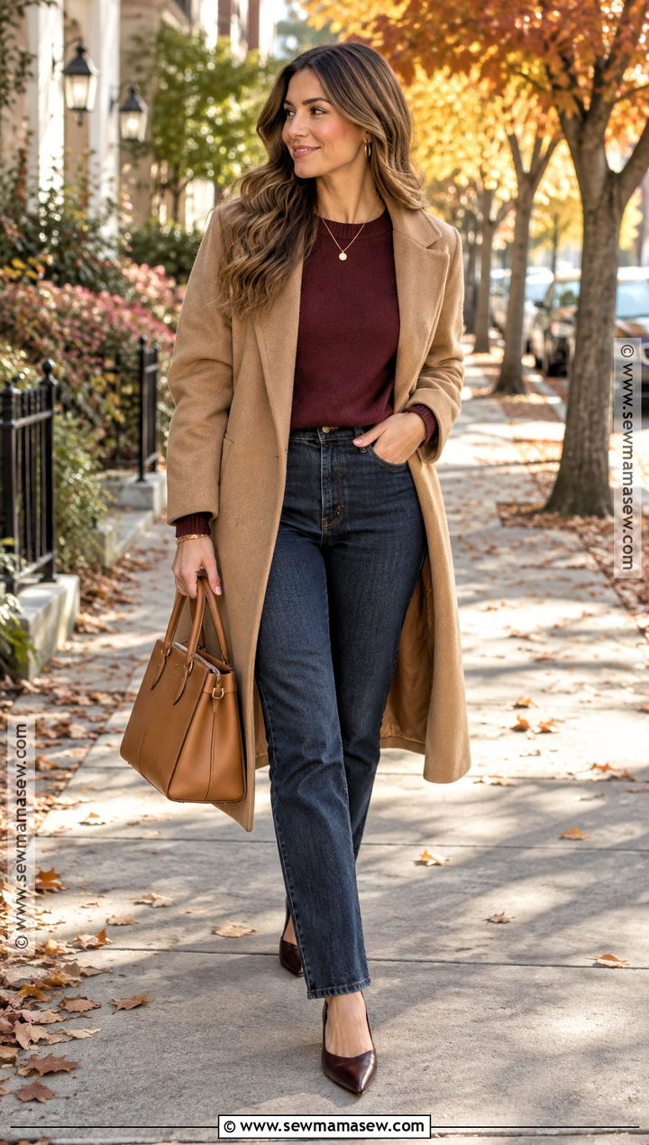 Burgundy Sweater And Dark Jeans Autumn Brunch Outfit - 25 autumn brunch outfit ideas