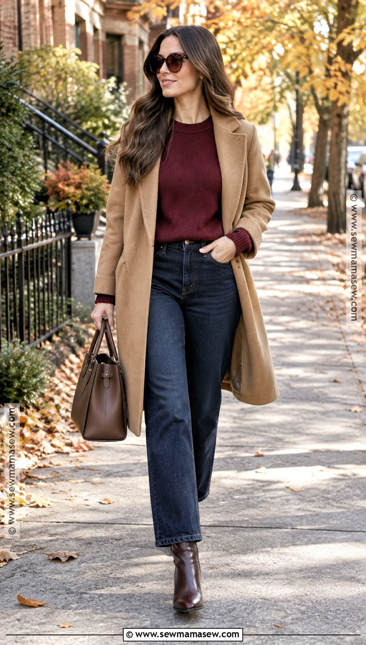 Burgundy Sweater And Dark Wash Jeans Fall Outfit - 25 cool fall outfits