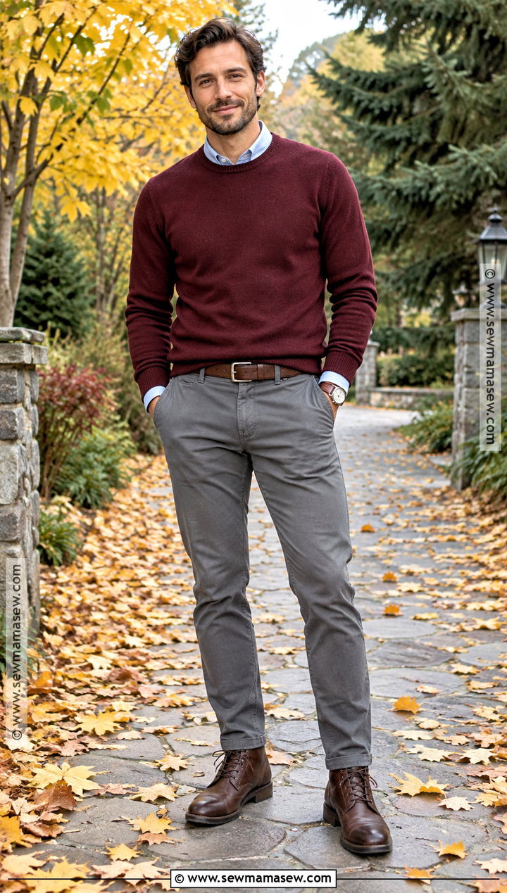 Burgundy Sweater And Gray Chinos Fall Engagement Outfit - 15 men fall engagement outfit ideas