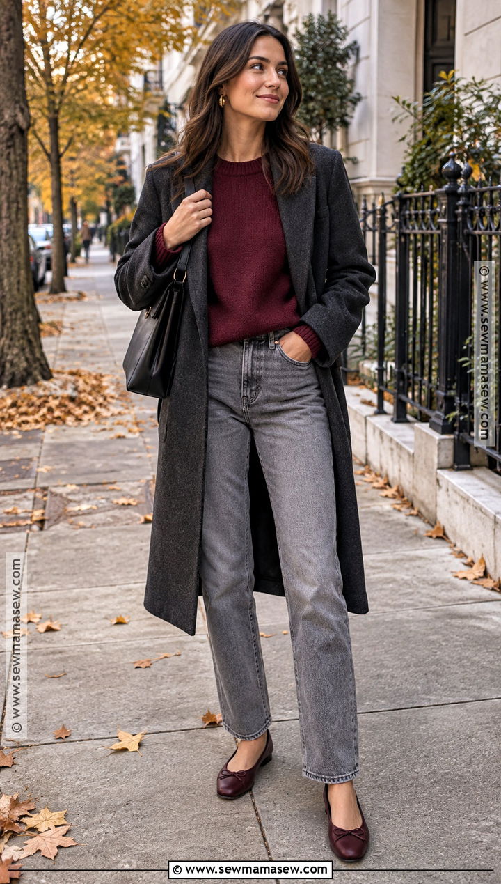 Burgundy Sweater And Gray Jeans Autumn Outfit - 15 outfits for autumn 2026