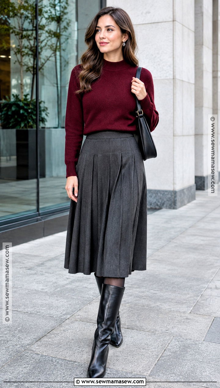 Burgundy Sweater And Gray Midi Skirt Autumn Outfit - 25 autumn color outfits