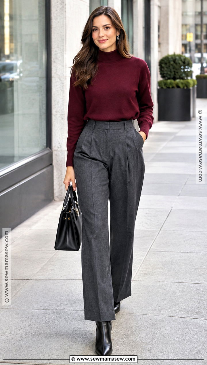 Burgundy Sweater And Gray Trouser Fall Outfit - 15 sleek fall outfits