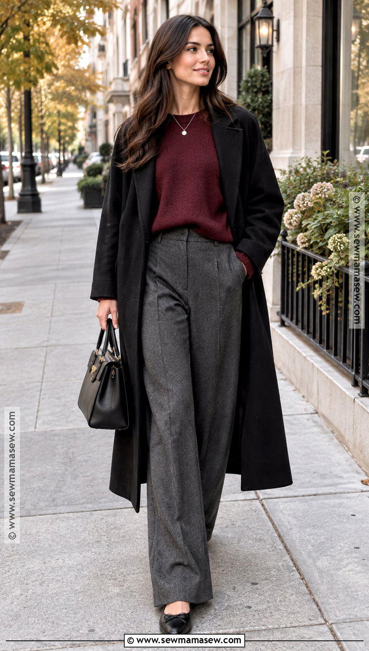 Burgundy Sweater And Gray Trousers City Fall Outfit - 15 City Fall Aesthetic Fashion Ideas