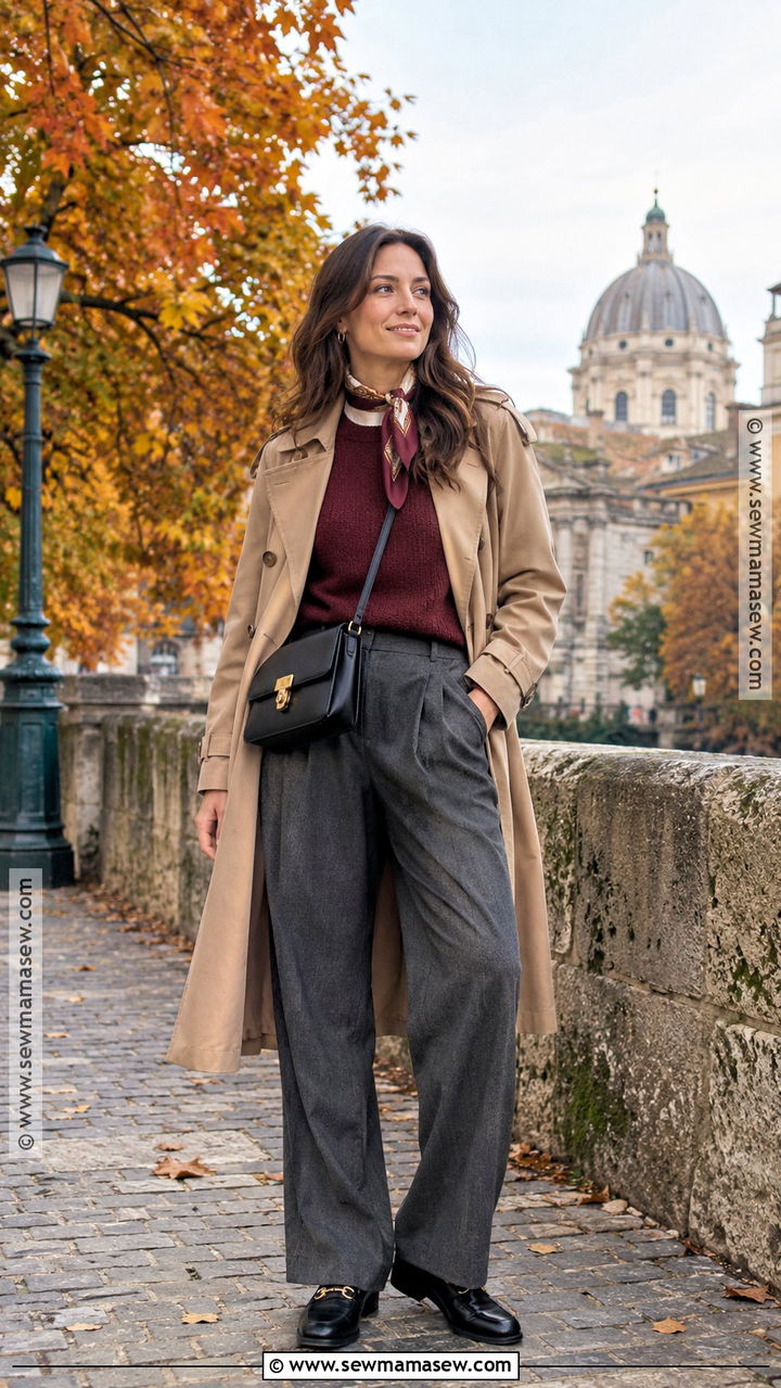 Burgundy Sweater And Gray Trousers Outfit For Europe In October - 20 europe october travel outfits