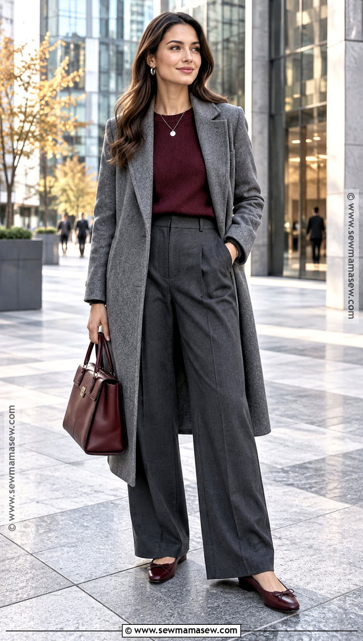 Burgundy Sweater And Gray Trousers With Ballet Flats - 20 fall ballet flats outfit ideas