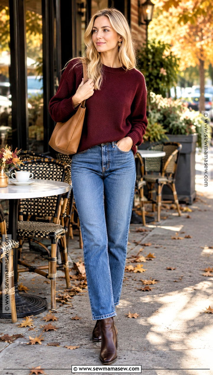 Burgundy Sweater And Jeans Outfit For Blonde Hair - 20 fall outfits blonde