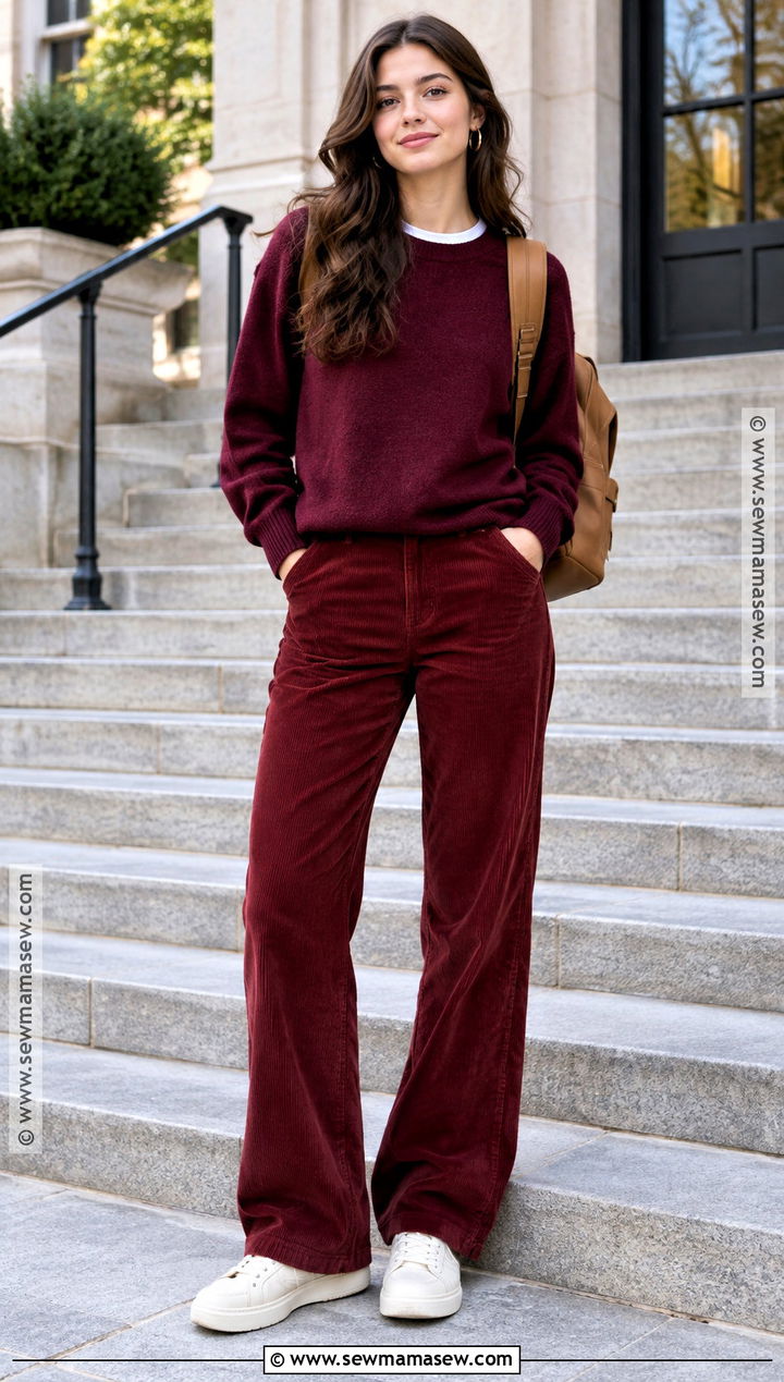 Burgundy Sweater And Matching Pants Fall School Outfit - 20 cute fall school outfits