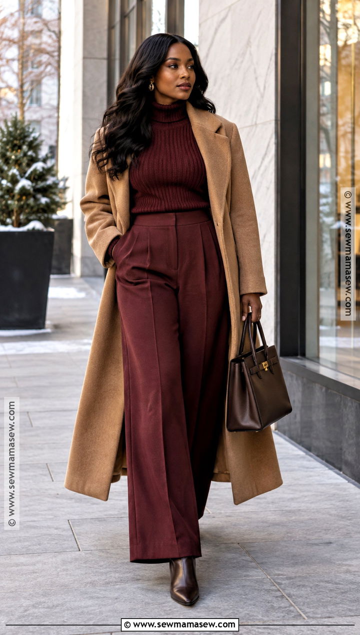 Burgundy Sweater And Matching Trousers Outfit - 15 Fall Winter 2026 Capsule Wardrobe Ideas