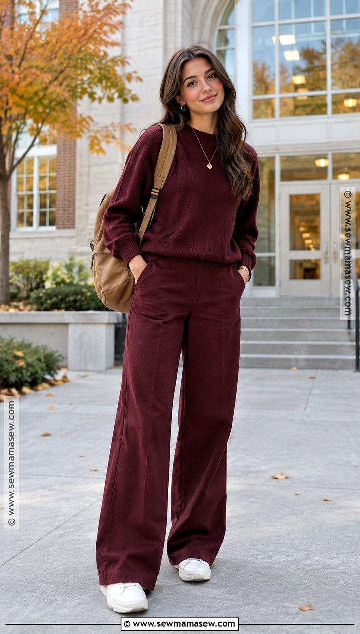 Burgundy Sweater And Matching Trousers School Outfit - 25 cute fall outfits for school