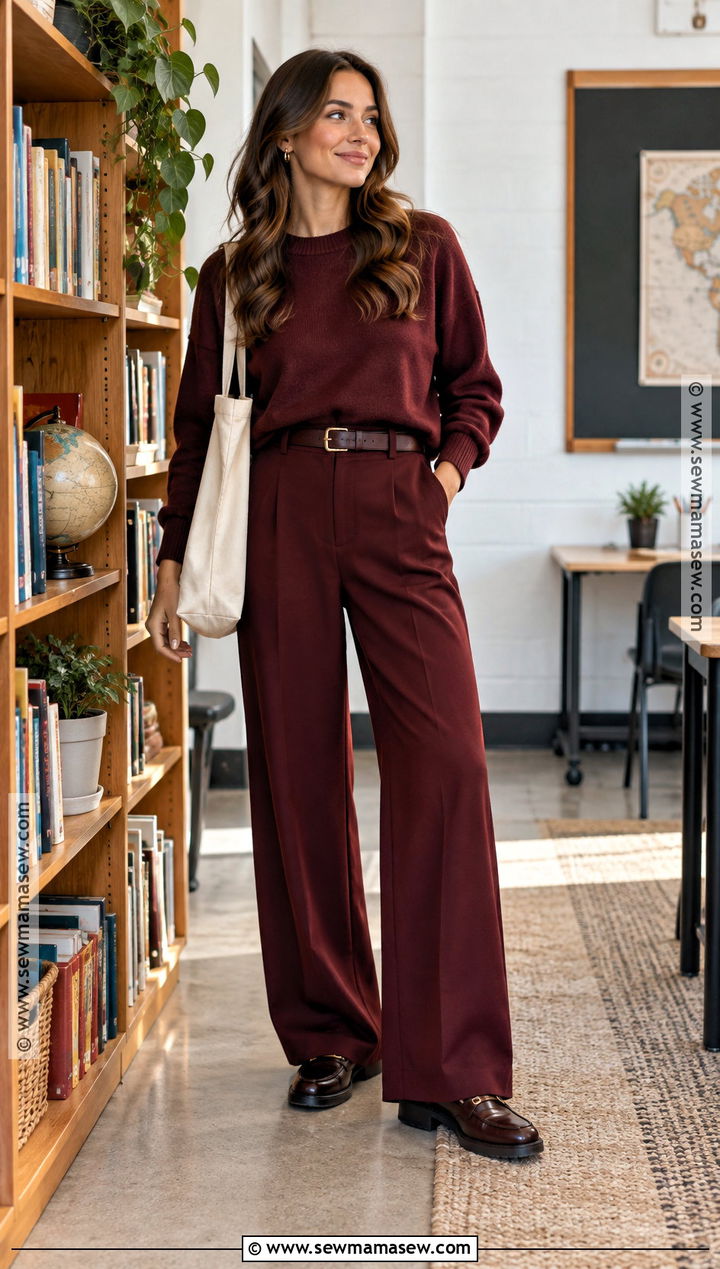 Burgundy Sweater And Matching Trousers Teacher Outfit - 15 fall fashion ideas for teachers