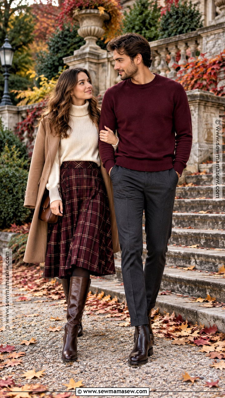 Burgundy Sweater And Plaid Skirt Fall Couples Outfit - 15 fall couples pics outfits