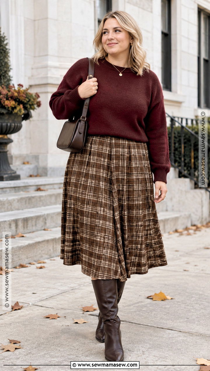 Burgundy Sweater And Plaid Skirt Outfit For Blonde Hair - 15 blonde hair fall outfits