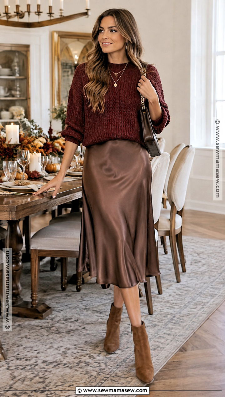 Burgundy Sweater And Satin Skirt Thanksgiving Outfit - 25 Thanksgiving Dinner Outfit Ideas