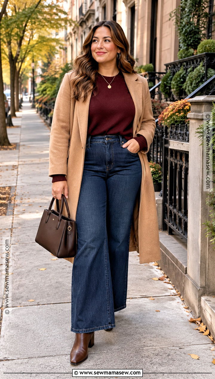 Burgundy Sweater And Wide Leg Jeans Autumn Outfit - 15 autumn aesthetic outfit ideas 2026