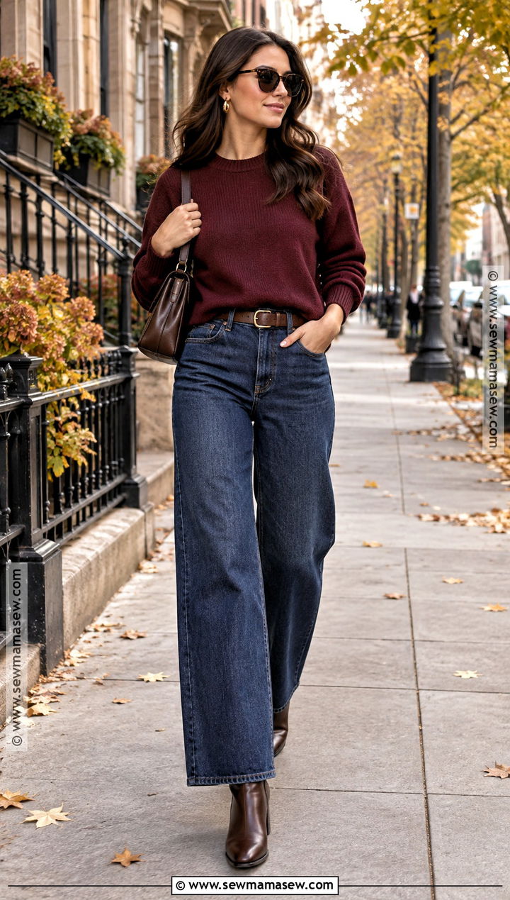 Burgundy Sweater And Wide Leg Jeans Fall Outfit - 15 chic fall outfits 2026
