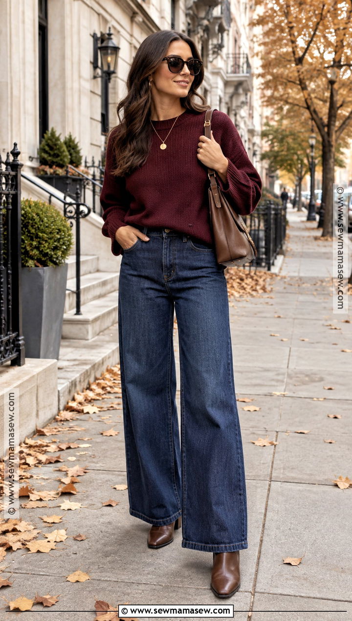 Burgundy Sweater And Wide Leg Jeans Fall Outfit - 15 fall outfit 2026 ideas for women
