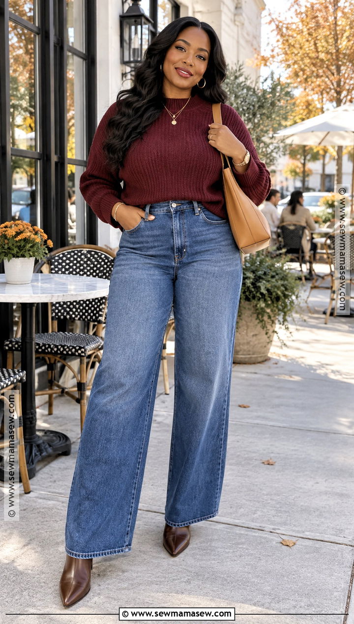 Burgundy Sweater And Wide Leg Jeans Fall Outfit - 30 fall outfits for black women