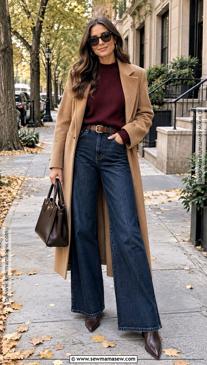 Burgundy Sweater And Wide Leg Jeans Outfit - 15 october 2026 outfits