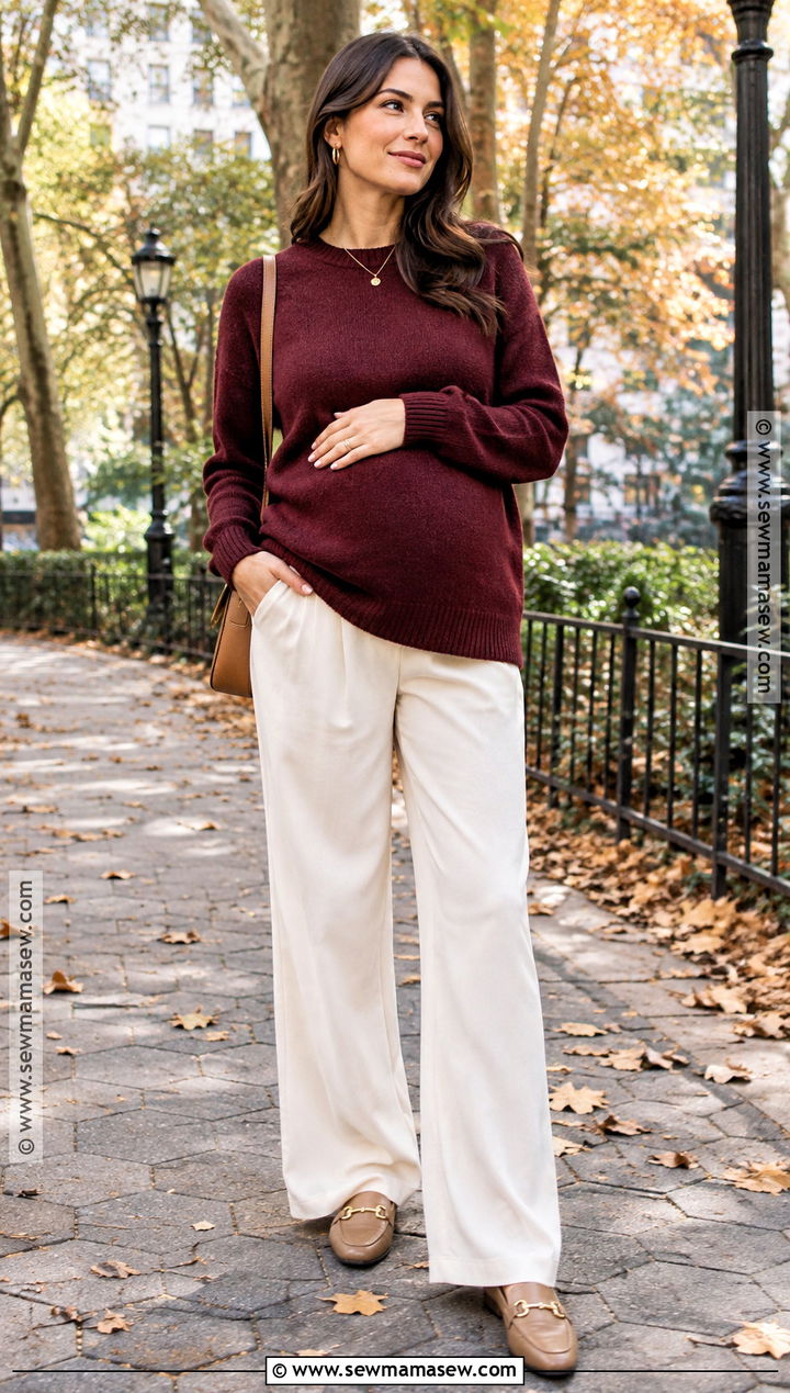 Burgundy Sweater And Wide Leg Maternity Pants Outfit - 15 fall maternity outfits for photoshoot casual